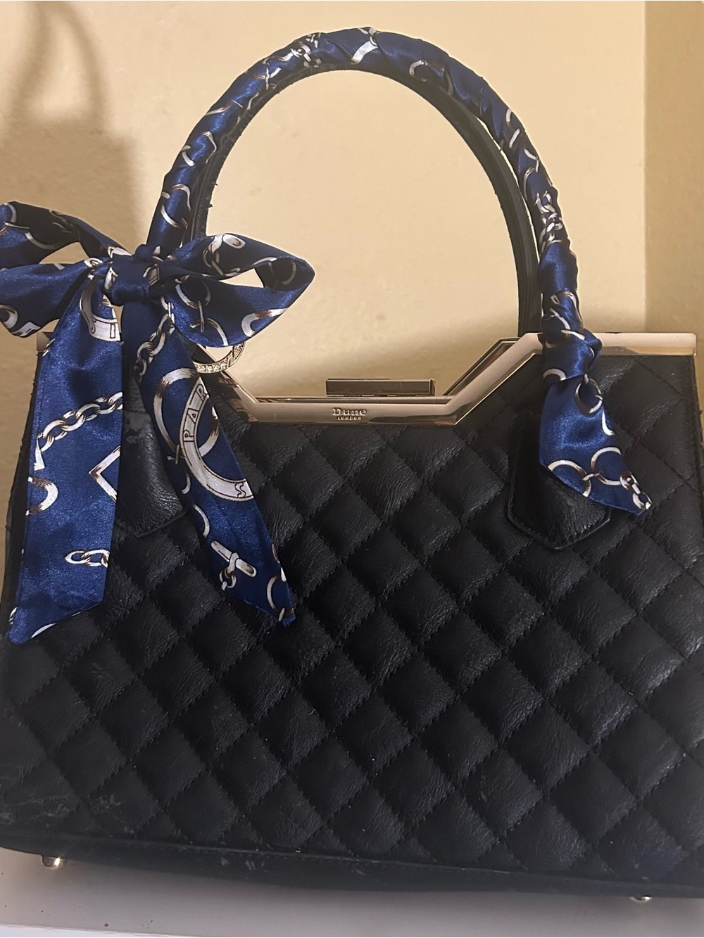 2 Twilly Satin Handbag Headband Scarf Navy Blue Gray Gold